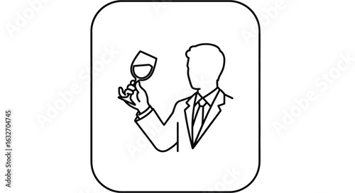 Sommelier Toasting Wine in Elegant Line Art Icon, Stylized Sommelier Examining Wine with a Refined Aesthetic