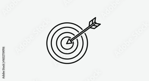 Arrow hits target in bullseye, emphasizing precision and success, Outline target with arrow, indicating accuracy and achievement