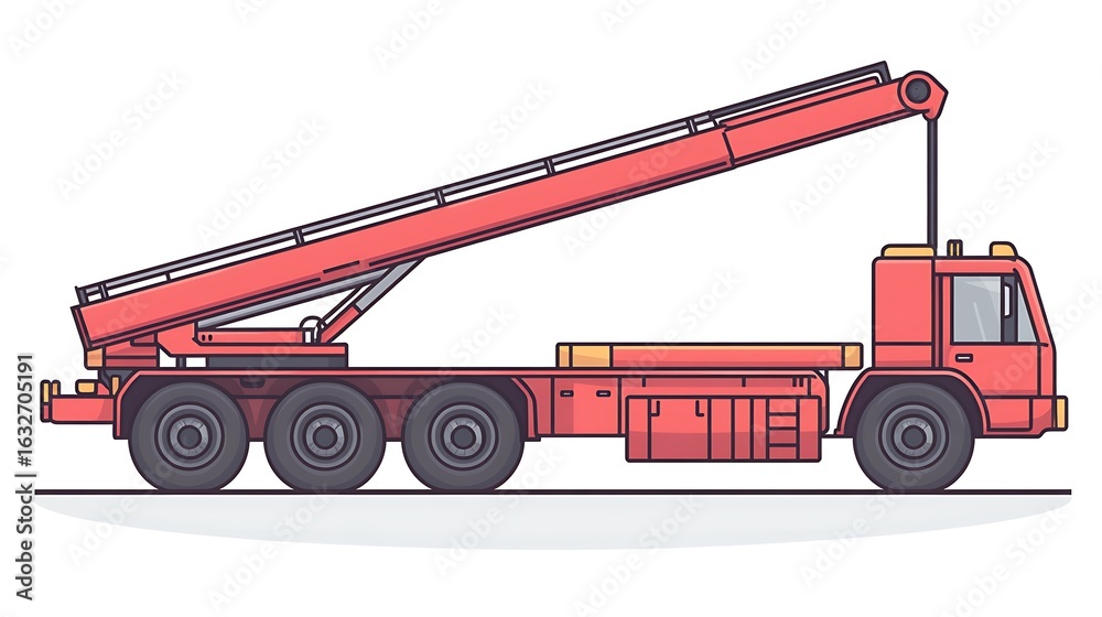 Side view of a red truck with a large crane. Side view of a red truck with a large crane.