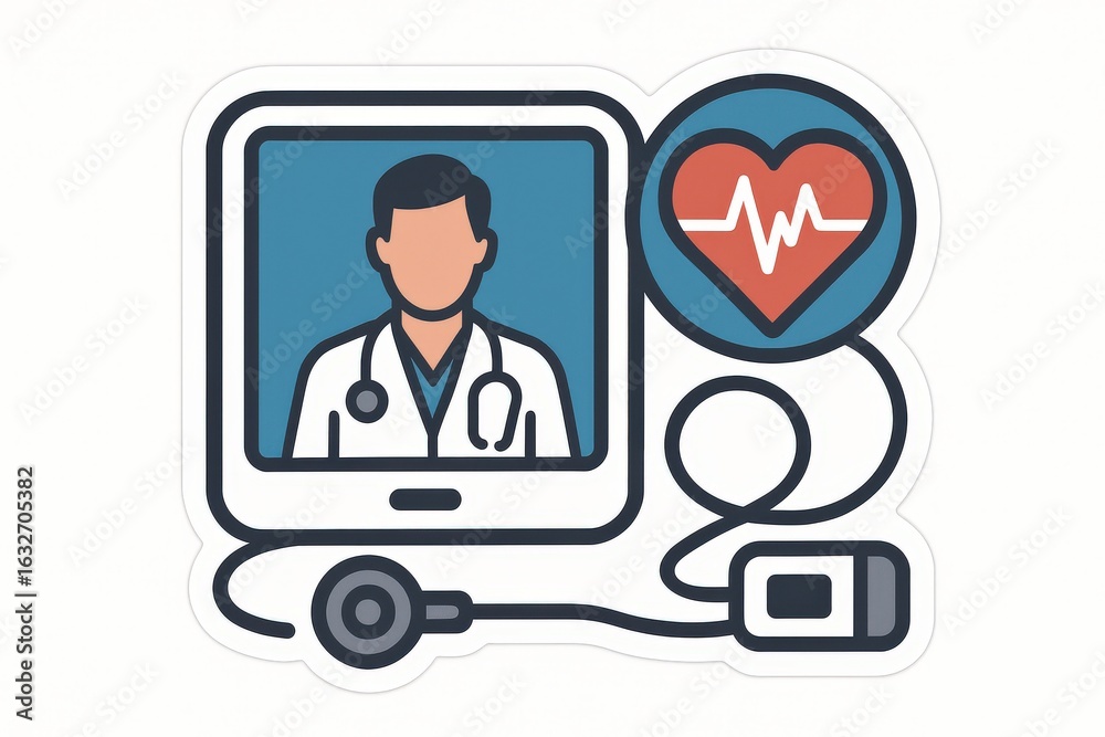 Obraz premium Engaging telemedicine concept illustrating a male physician in a digital consultation environment with a heart rate graphic representing modern healthcare technology advancements enhancing