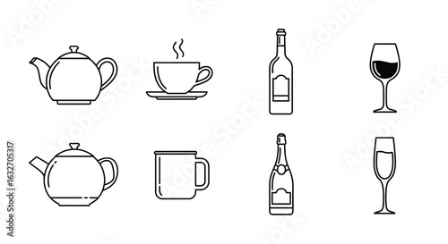 Elegant line art illustrations of various beverages and their respective serving vessels, stock vector set, Teapot, cup, mug, and different types of wine containers line art vector collection