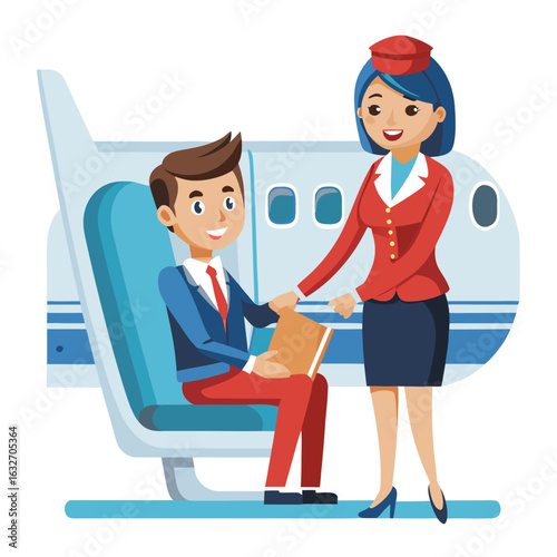 Flight attendant serving a passenger on an airplane with seats and windows Keywords: flight attendant, passenger, airplane, aircraft, travel, aviation, service, cabin crew, stewardess, pilot