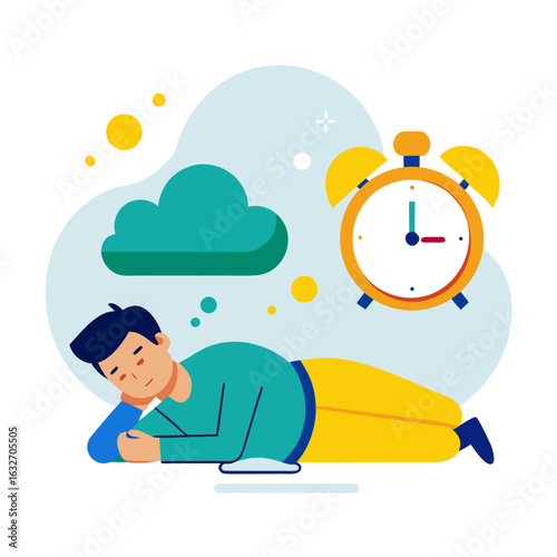 Man sleeping near alarm clock and cloud with bubbles Keywords: sleeping, man, alarm clock, cloud, bubbles, rest, dream, sleep, time, wake up, morning, night, tired, exhaustion, relaxation, comfort