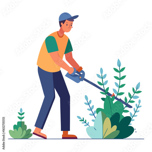 Man in blue cap orange shirt trimming green bushes with hedge trimmer gardening