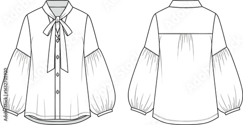 Blouse CAD drawing, front and back views, bow tie collar, button placket, gathered sleeves, yoke detail, fashion sketch, vector illustration