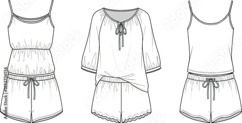 CAD drawing of women’s sleepwear sets, three styles, tops and shorts, scalloped edges, elastic waistbands, fashion sketch, vector illustration