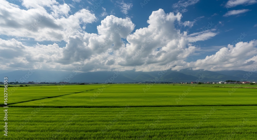 Fototapeta premium 青々とした田園風景、白い雲が浮かぶ爽快な空の下
