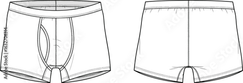 Cad drawing, flat vector illustration of boxer briefs, front and back view, stitching details, waistband, fly, fashion undergarment design