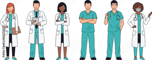 Cad drawing, flat vector illustration of healthcare workers, medical staff icons, scrubs, white coats, stethoscope, diverse hospital team