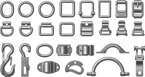 Cad drawing, flat vector illustration of metal hardware, buckles, rings, hooks, fasteners, garment accessories, strap clips, fashion tools