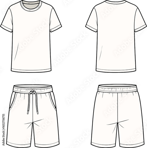 Cad drawing, flat vector illustration of t-shirt and shorts, casual outfit, front and back views, drawstring waist, side pockets