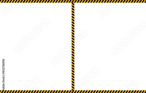 Two parallel lines and one perpendicular line featuring a path of yellow and black diagonal lines resembling a traffic sign.