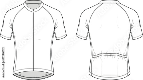 Cycling jersey CAD drawing, front and back views, short sleeves, full zipper, rear pockets, fitted design, vector fashion illustration