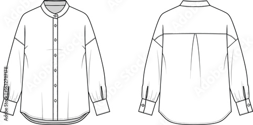 Mandarin collar shirt CAD drawing, front and back views, button placket, long sleeves, curved hem, fashion sketch, vector illustration