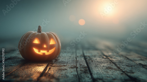 On Halloween evening, a meticulously carved pumpkin casts a warm, inviting glow onto the age-old wooden planks beneath it. The flickering candlelight creates a cozy and festive ambiance, enhancing the