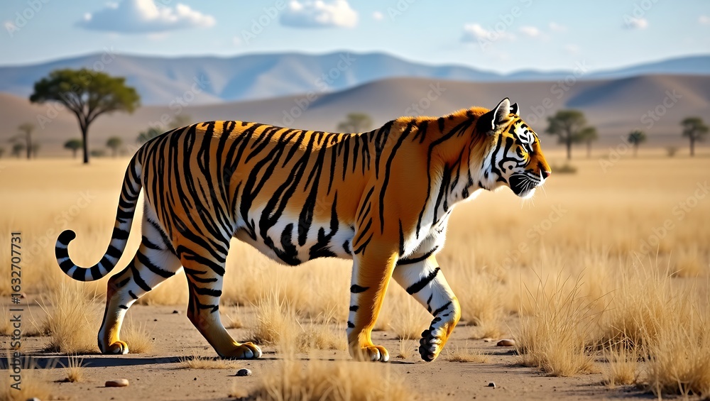 Fototapeta premium Majestic tiger walking through dry savannah landscape with distant mountains