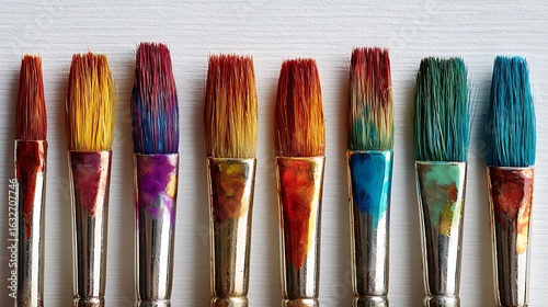 Close up of colorful paint brushes with vibrant bristles arranged in a row