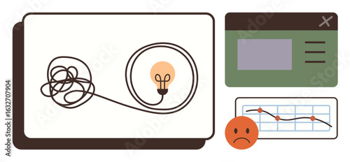 Tangled cord forming a lit bulb, reflecting problem-solving, beside a falling graph and sad emoticon. Ideal for innovation, challenges, growth, planning, solutions, analytics simple flat metaphor