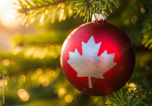 Red christmas ornament with canadian maple leaf decoration