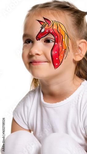 Year of the fire horse, face paint for kids: caucasian female child with colorful unicorn face paint