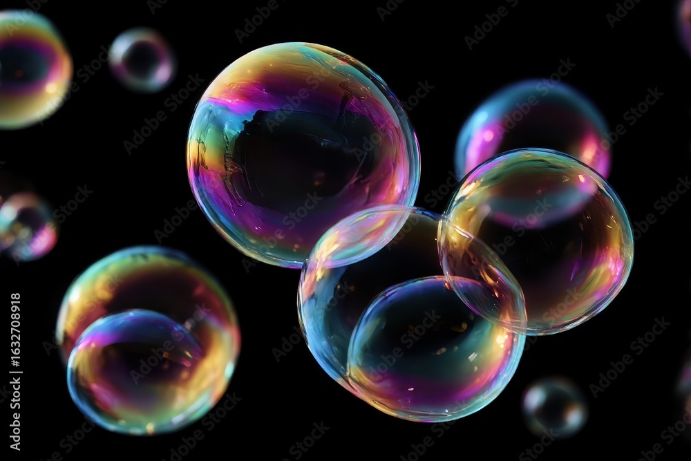 Naklejka premium Rainbow soap bubbles on black background.