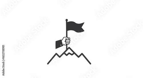 A hand holding a flag on top of a mountain peak representing achievement and reaching goals in business