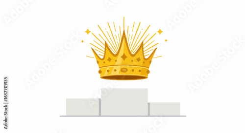 Golden crown with starburst effect on a white podium with three levels in a vector image