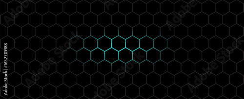 Dark hexagon abstract technology background with blue and green colored bright flashes under hexagon. Hexagonal gaming vector tech illustration black abstract background. EPS 10