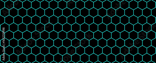 Dark hexagon abstract technology background with blue and green colored bright flashes under hexagon. Hexagonal gaming vector tech illustration black abstract background. EPS 10