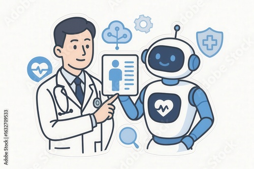 Doctor collaborating with innovative healthcare robot presenting patient data in a modern digital health environment emphasizing the synergy of technology and medicine