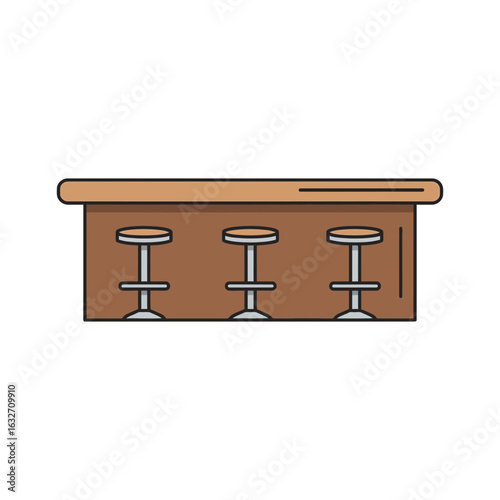 Bar counter with three stools in front illustration vector graphic design.