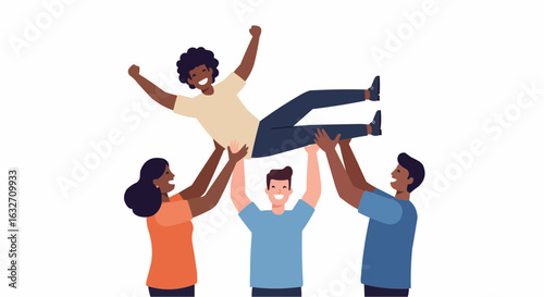 Group of people celebrating and lifting a person up in the air with their hands raised in excitement