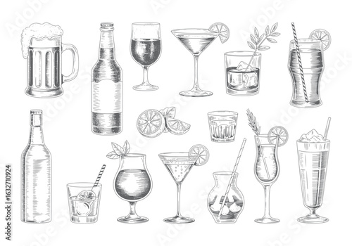 Cocktail and drink glass collection in vintage sketch style. Classic mixed drinks and glassware illustration bundle in line art.