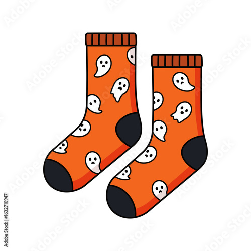 Two orange socks with ghost patterns and black toes and heels are displayed.