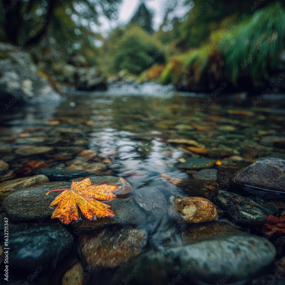 Obraz premium Autumn leaf on stream rocks, forest background, nature scene