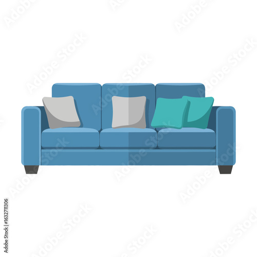 Blue sofa with grey and teal cushions flat vector illustration design.