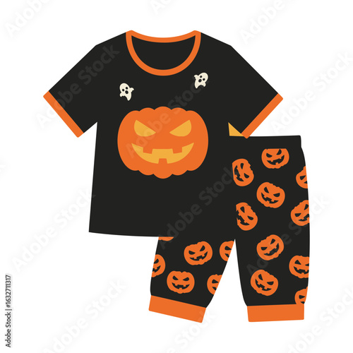 Halloween pajamas set with pumpkin and ghost designs on a black and orange fabric.