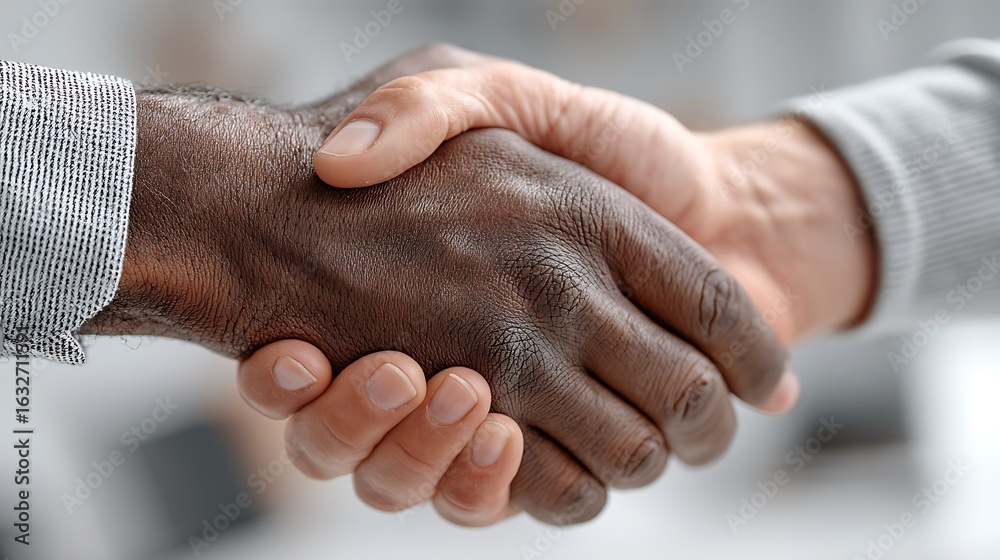 Fototapeta premium In a professional setting, two individuals engage in a handshake, symbolizing a business agreement or partnership. The photographa??s focus is on the hands clasped together, highlighting 