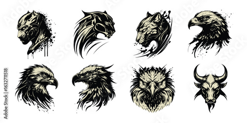 Illustration of diverse animal head illustrations big cats like lions and panthers, birds of prey such as eagles and owls, and a bull, rendered in a bold, inksplattered artistic style, isolated on whi