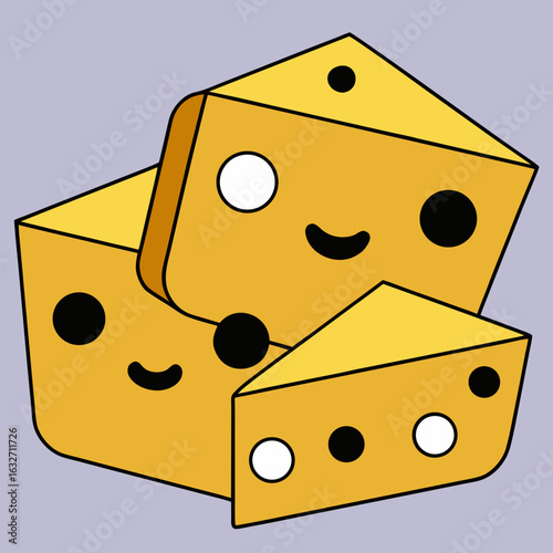 Three cartoon cheese wedges with happy faces Keywords: cheese, cartoon, illustration, food, dairy, yellow, wedges, cute, happy, smiling, faces, kawaii, food character, snack, delicious, tasty