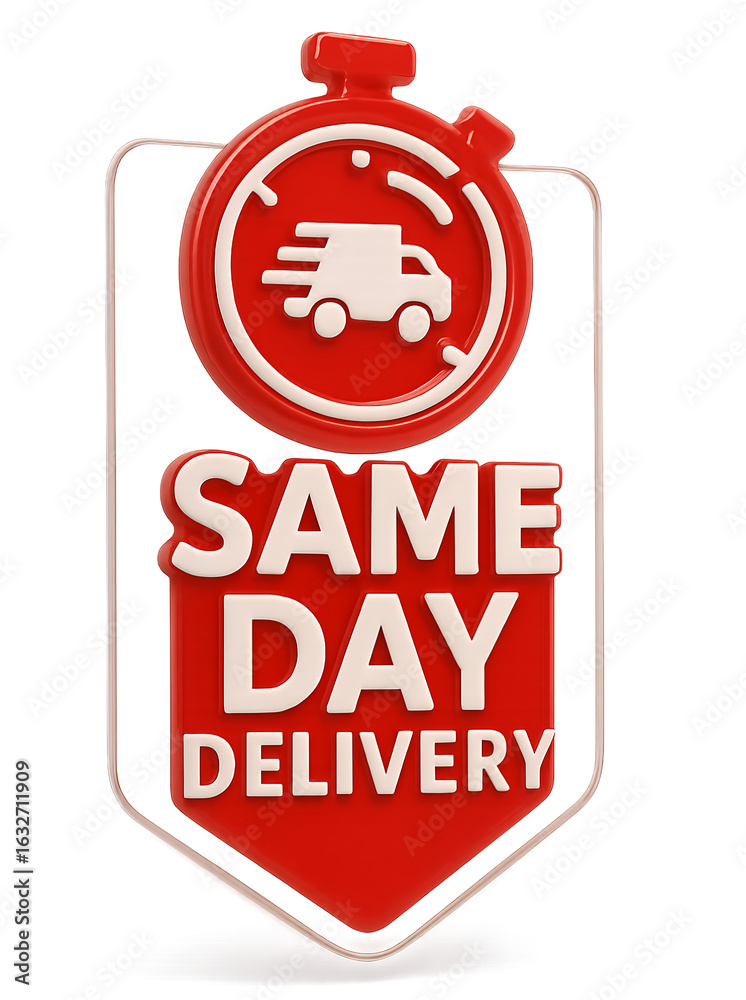 Fototapeta premium Same day delivery sign with a stopwatch icon, advertising fast shipping services. Modern flat sticker label with icon and badge style, transparent background