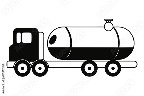 Black and white illustration of a tanker truck with a cylindrical tank on a white background lorry vehicle