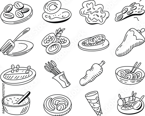 Hand Drawn Food Doodles Collection of Various Culinary Dishes Black and White Line Art Illustration Vector Design Elements
