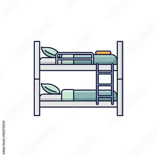 Bunk beds with pillows and blankets, and a ladder.