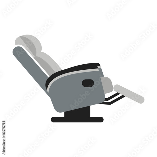 Gray medical chair with headrest armrest and footrest in reclined position.