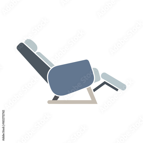 Illustration of a recliner chair with extended footrest in shades of gray and blue.