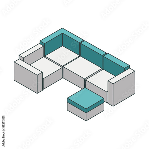 Isometric sectional sofa with ottoman in gray and teal colors.