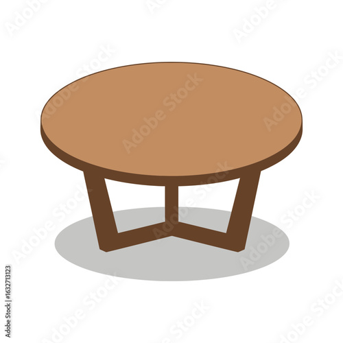 A brown round table with a unique leg design and a shadow.