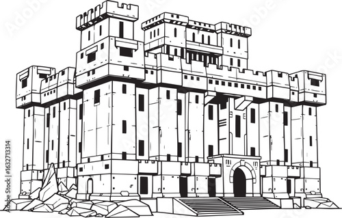A powerful defensive fortress. The illustration expresses power and steadfastness. Hand drawn vector illustration