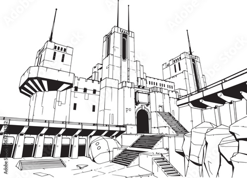 A powerful defensive fortress. The illustration expresses power and steadfastness. Hand drawn vector illustration